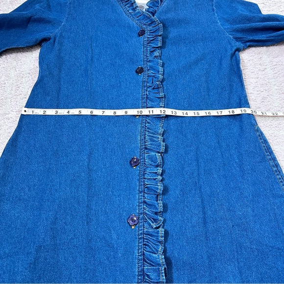 VNTG New Identity Chambray Denim Midi Dress Ruffle Placket Long Sleeve SZ Large - Picture 7 of 10